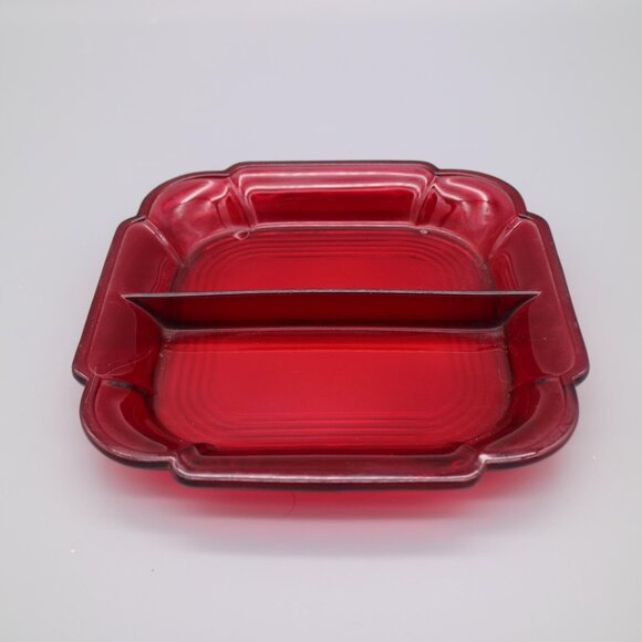 Vintage Mid Century Ruby Red Glass Square Divided Plate Server - Picture 1 of 6